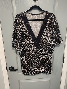 Maurices Black & White Leopard Lace-Trim V-Neck Blouse